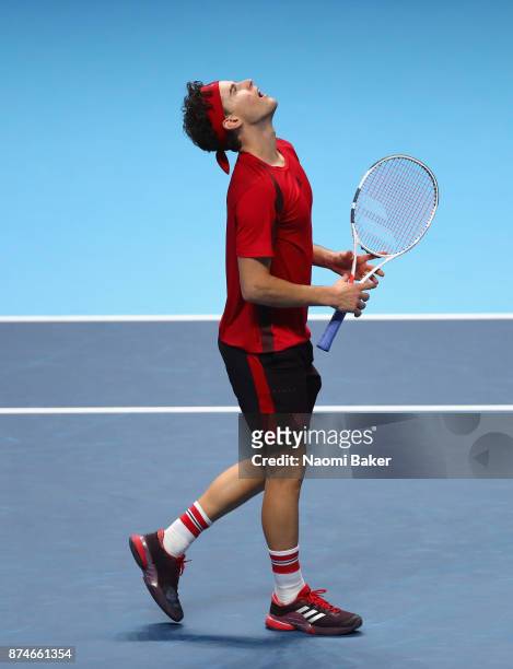 Dominic Thiem of Austria celebrates during the singles match against Pablo Carreno Busta of Spain on day four of the 2017 Nitto ATP World Tour Finals...