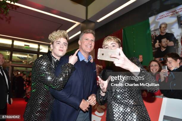 Will Ferrell poses with John and Edward Grimes aka Jedward at the Irish premiere of 'Daddy's Home 2' Odeon Cinema on November 15, 2017 in Dublin,...