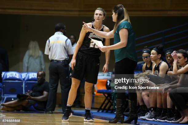 Alaska Anchorage's Hannah Wandersee listens to assistant coach Shaina Afoa . The Duke University Blue Devils hosted the University of Alaska...