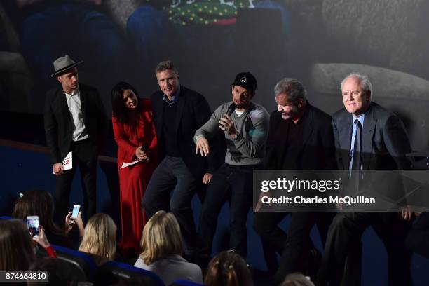 Stephen Byrne, Lucy Kennedy, Will Ferrell, Mark Wahlberg, Mel Gibson and John Withrow attends the Irish premiere of 'Daddy's Home 2' Odeon Cinema on...