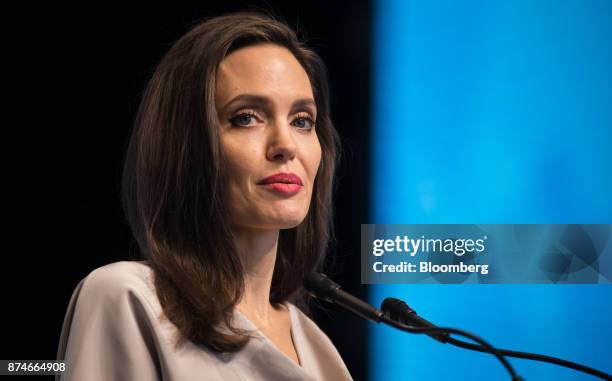 Actress Angelina Jolie, special envoy to the United Nations High Commissioner for Refugees, delivers a keynote speech during the 2017 UN Peacekeeping...