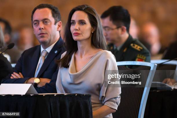 Actress Angelina Jolie, special envoy to the United Nations High Commissioner for Refugees, listens during the 2017 UN Peacekeeping Defence...