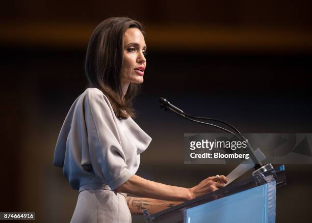 Actress Angelina Jolie, special envoy to the United Nations High Commissioner for Refugees, delivers a keynote speech during the 2017 UN Peacekeeping...