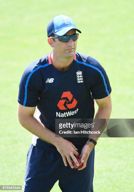 England bowling coach Shane Bond looks on before the start of day 2 of the four day tour match between Cricket Australia XI and England at Tony...