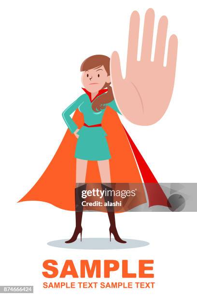 super heroines (young woman with brown hair ponytail) gesturing stop hand sign and standing with hand on hip - pretty brunette woman cartoon stock illustrations