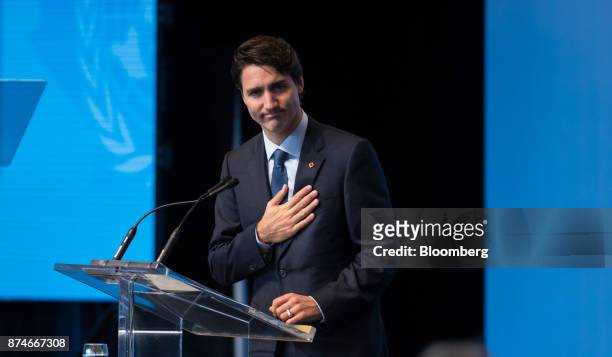 Justin Trudeau, Canada's prime minister, speaks during the 2017 UN Peacekeeping Defence Ministerial conference in Vancouver, British Columbia,...