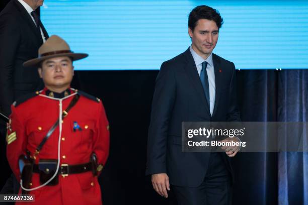 Justin Trudeau, Canada's prime minister, exits the stage after speaking during the 2017 UN Peacekeeping Defence Ministerial conference in Vancouver,...