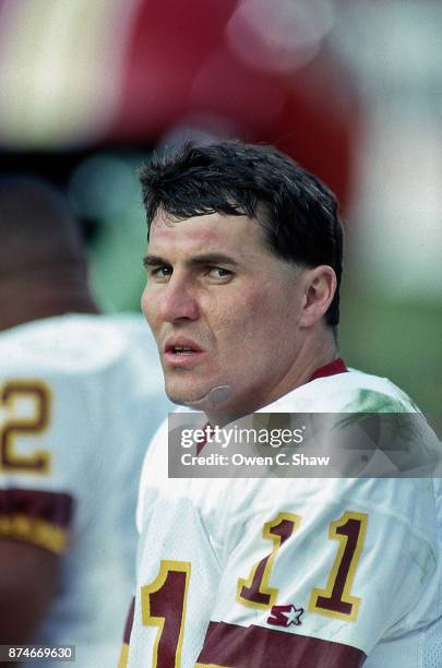 Mark Rypien of the Washington Redskins against the Phoenix Cardinals at Sun Devil Stadium circa 1988 in Phoenix,Arizona.