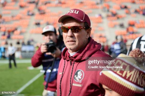 Florida State head coach Jimbo Fisher at mid field during pre-game between the Clemson Tigers and the Florida State Seminoles at Memorial Stadium in...