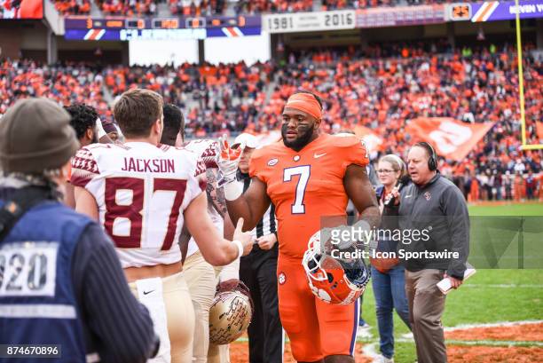 Clemson defensive end Austin Bryant greets Florida State wide receiver Jared Jackson during the coin toss during pre-game between the Clemson Tigers...