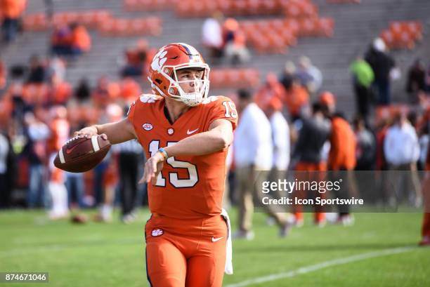 Clemson quarterback Hunter Johnson during pre-game between the Clemson Tigers and the Florida State Seminoles at Memorial Stadium in Clemson, SC. On...