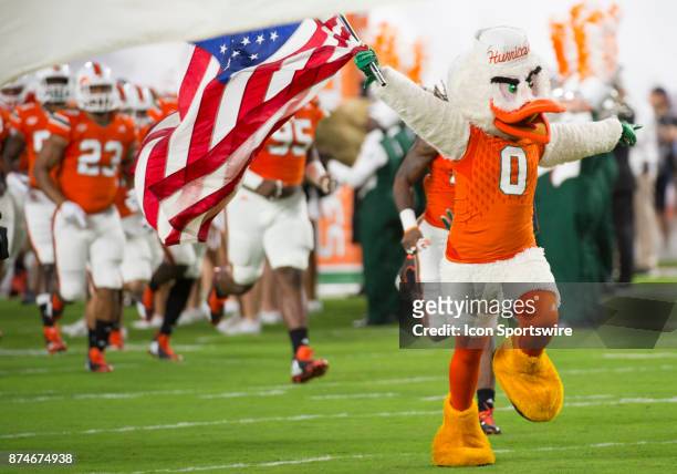 University of Miami mascot Sebastian the Ibis carrying the American Flag leads the players onto the field during the college football game between...