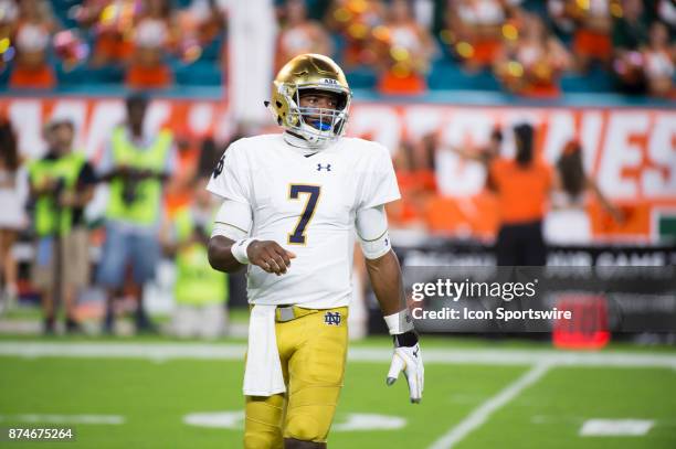 Notre Dame Quarterback Brandon Wimbush during the college football game between the Notre Dame Fighting Irish and the University of Miami Hurricanes...
