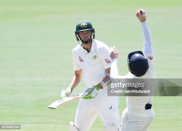 Harry Conway of CA XI is caught out by Mark Stoneman of England during day 2 of the four day tour match between Cricket Australia XI and England at...