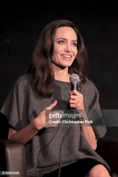 Angelina Jolie speaks onstage during "On Collaborative Storytelling: Angelina Jolie And Loung Ung" at AFI FEST 2017 Presented By Audi at the Egyptian...