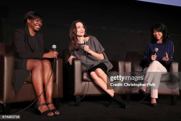 Festival Director for AFI FEST Jacqueline Lyanga, Angelina Jolie, and Loung Ung speak onstage during "On Collaborative Storytelling: Angelina Jolie...