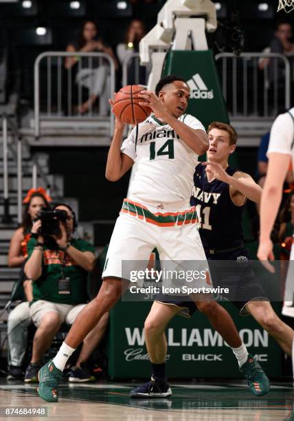 Miami center Rodney Miller, Jr. Plays during a college basketball game between the Naval Academy Midshipmen and the University of Miami Hurricanes on...