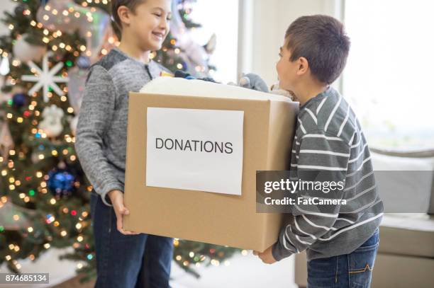 zwei jungen stehen vor ihren weihnachtsbaum mit einem karton, der "spenden", sagt - schocktaktik stock-fotos und bilder