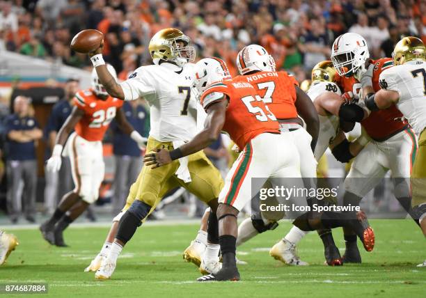Notre Dame quarterback Brandon Wimbush passes during an NCAA football game between the Notre Dame Fighting Irish and the University of Miami...