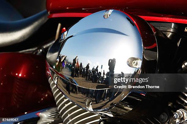 Reflection of motorbike enthusiasts that are on hand to farewell adventurer Charley Boorman during his latest documentary 'By Any Means 2' at...