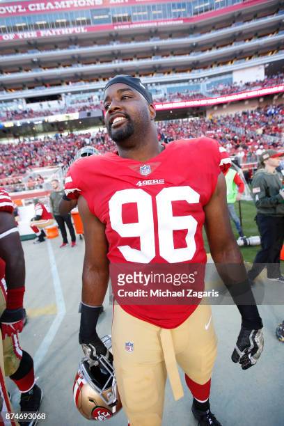 Datone Jones of the San Francisco 49ers stands on the sideline during the game against the New York Giants at Levi's Stadium on November 12, 2017 in...