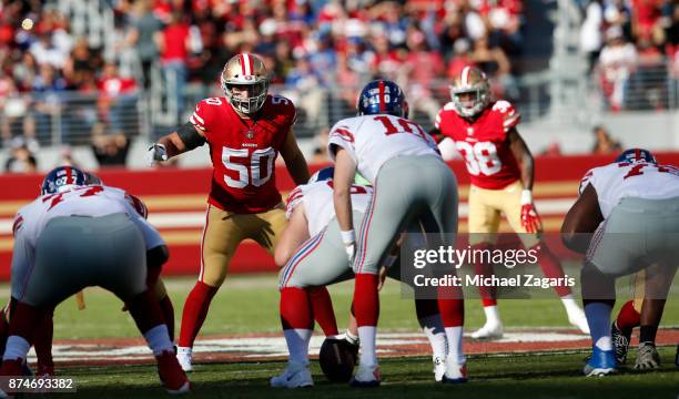 Brock Coyle of the San Francisco 49ers eyes the quarterback during the game against the New York Giants at Levi's Stadium on November 12, 2017 in...