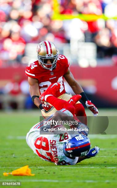 Waun Williams of the San Francisco 49ers defends during the game against the New York Giants at Levi's Stadium on November 12, 2017 in Santa Clara,...