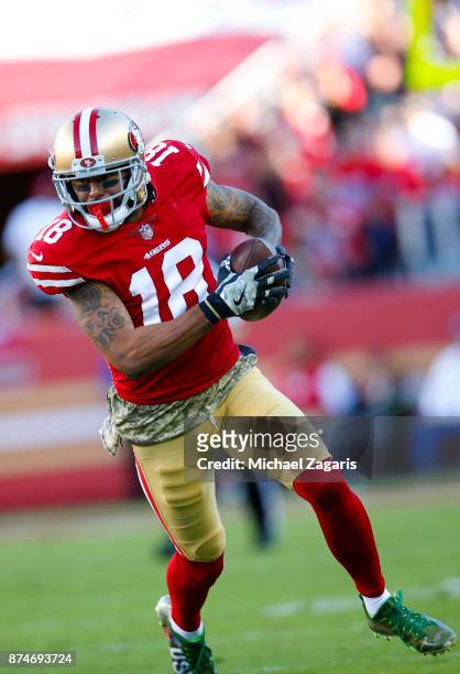 Louis Murphy of the San Francisco 49ers runs after making a reception during the game against the New York Giants at Levi's Stadium on November 12,...