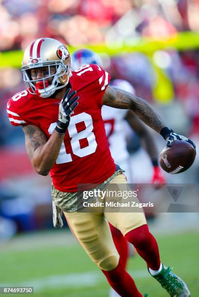 Louis Murphy of the San Francisco 49ers runs after making a reception during the game against the New York Giants at Levi's Stadium on November 12,...