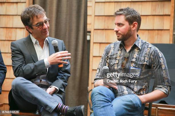 Directors Atom Egoyan and Jared Moshe speak during DIRECTV Presents The Directors Table with A24 and IndieWire at Wood & Vine on November 15, 2017 in...