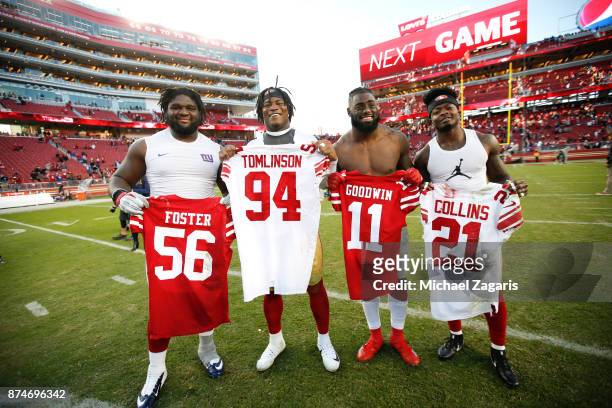 Dalvin Tomlinson of the New York Giants, Reuben Foster of the San Francisco 49ers, Landon Collins of the Giants and Marquise Goodwin of the 49ers...