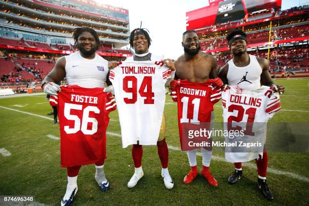 Dalvin Tomlinson of the New York Giants, Reuben Foster of the San Francisco 49ers, Landon Collins of the Giants and Marquise Goodwin of the 49ers...