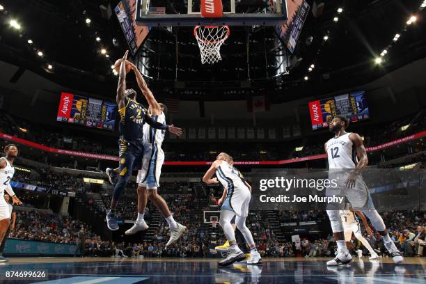 Brandan Wright of the Memphis Grizzlies blocks a shot against the Indiana Pacers on November 15, 2017 at FedExForum in Memphis, Tennessee. NOTE TO...