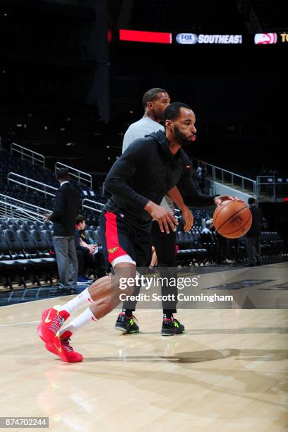 Malcolm Delaney of the Atlanta Hawks handles the ball during warmups before the game against the Sacramento Kings on November 15, 2017 at Philips...