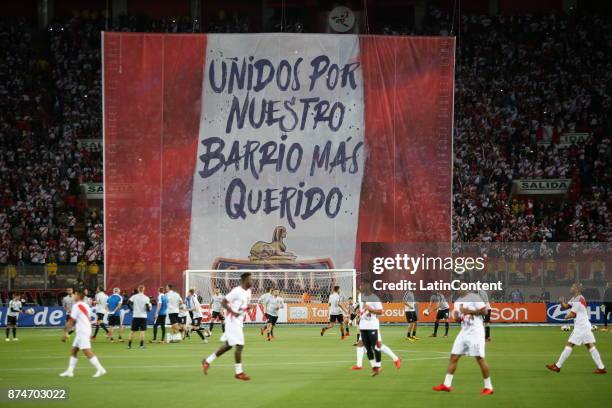 Big flag is displayed before the second leg match between Peru and New Zealand as part of the 2018 FIFA World Cup Qualifier Playoff at Estadio...