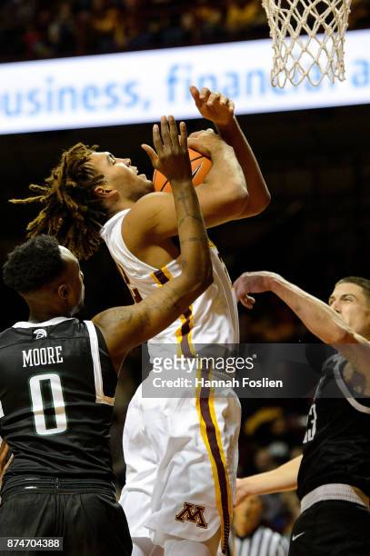 Reggie Lynch of the Minnesota Golden Gophers shoots the ball against Malik Moore and Carson Smith of the USC Upstate Spartans during the game on...