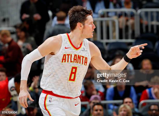 Luke Babbitt of the Atlanta Hawks reacts after hitting a three-point basket against the Sacramento Kings at Philips Arena on November 15, 2017 in...