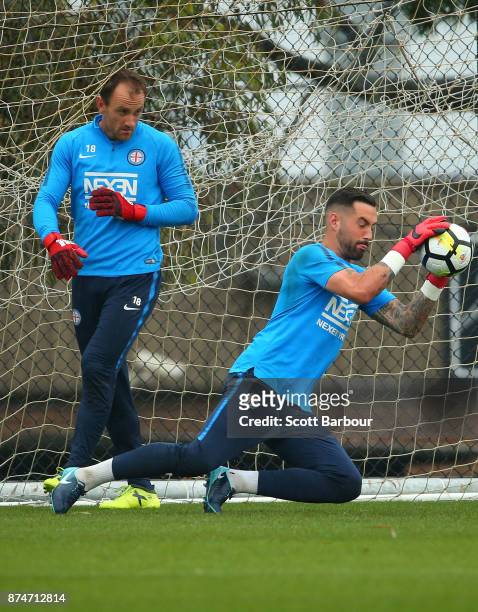 City goalkeepers Dean Bouzanis and Eugene Galekovic in action during a Melbourne City A-League training session on November 16, 2017 in Melbourne,...