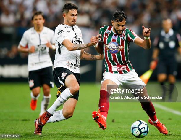 Pablo Escobar of Corinthians and Xina of Fluminense in action during the match for the Brasileirao Series A 2017 at Arena Corinthians Stadium on...