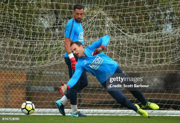 City goalkeepers Dean Bouzanis and Eugene Galekovic in action during a Melbourne City A-League training session on November 16, 2017 in Melbourne,...