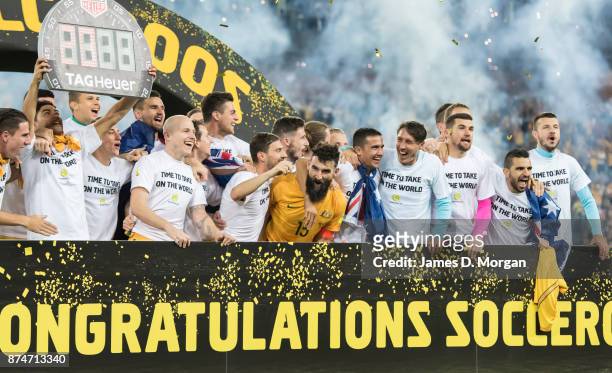 The Australian Socceroos celebrate winning 3-1 during the 2018 FIFA World Cup Qualifiers Leg 2 match between the Australian Socceroos and Honduras at...