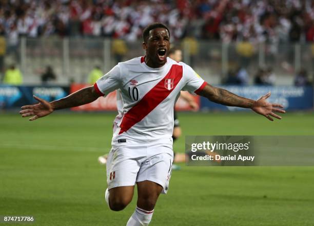 Jefferson Farfan of Peru celebrates after scoring the opening goal during a second leg match between Peru and New Zealand as part of the 2018 FIFA...
