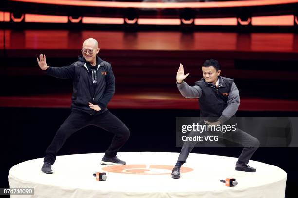 Martial artist Jet Li Lianjie and Alibaba Chairman Jack Ma perform Tai Chi at a television variety show on November 15, 2017 in Beijing, China.