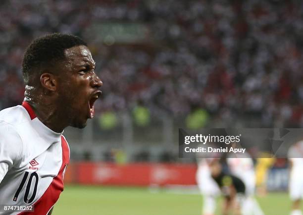 Jefferson Farfan of Peru celebrates after scoring the first goal of his team during a second leg match between Peru and New Zealand as part of the...