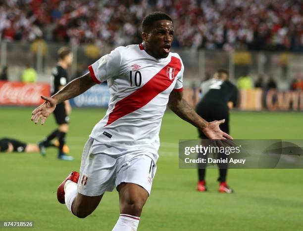 Jefferson Farfan of Peru celebrates after scoring the opening goal during a second leg match between Peru and New Zealand as part of the 2018 FIFA...