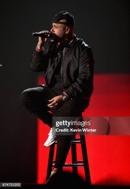 Nicky Jam performs onstage during rehearsals for the 18th annual Latin Grammy Awards at MGM Grand Garden Arena on November 15, 2017 in Las Vegas,...