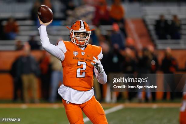 Bowling Green Falcons quarterback Jarret Doege throws a pass during first half game action between the Toledo Rockets and the Bowling Green Falcons...