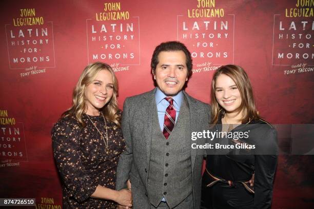 Justine Maurer, husband John Leguizamo and daughter Allegra Leguizamo pose at the Opening Night of "Latin History For Morons" on Broadway at Studio...