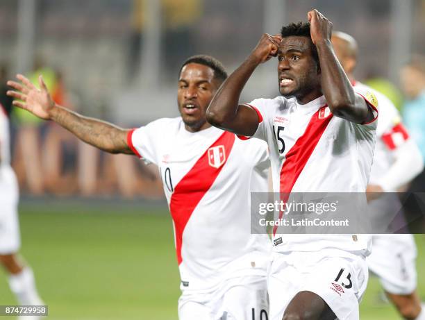 Christian Ramos of Peru celebrates after scoring the second goal of his team during a second leg match between Peru and New Zealand as part of the...