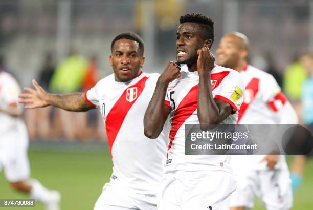 Christian Ramos of Peru celebrates after scoring the second goal of his team during a second leg match between Peru and New Zealand as part of the...